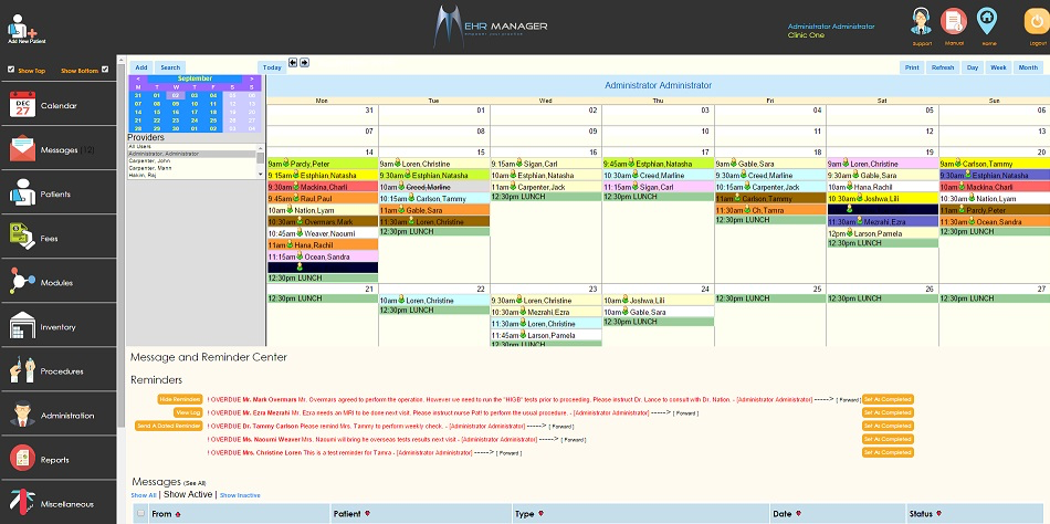 Office Visit screen showing a color-coded provider schedule with a message and reminder center below