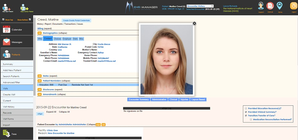 Patient Chart screen showing demographics, contact info, notes, and reminders alongside encounter documentation and an e-sign log